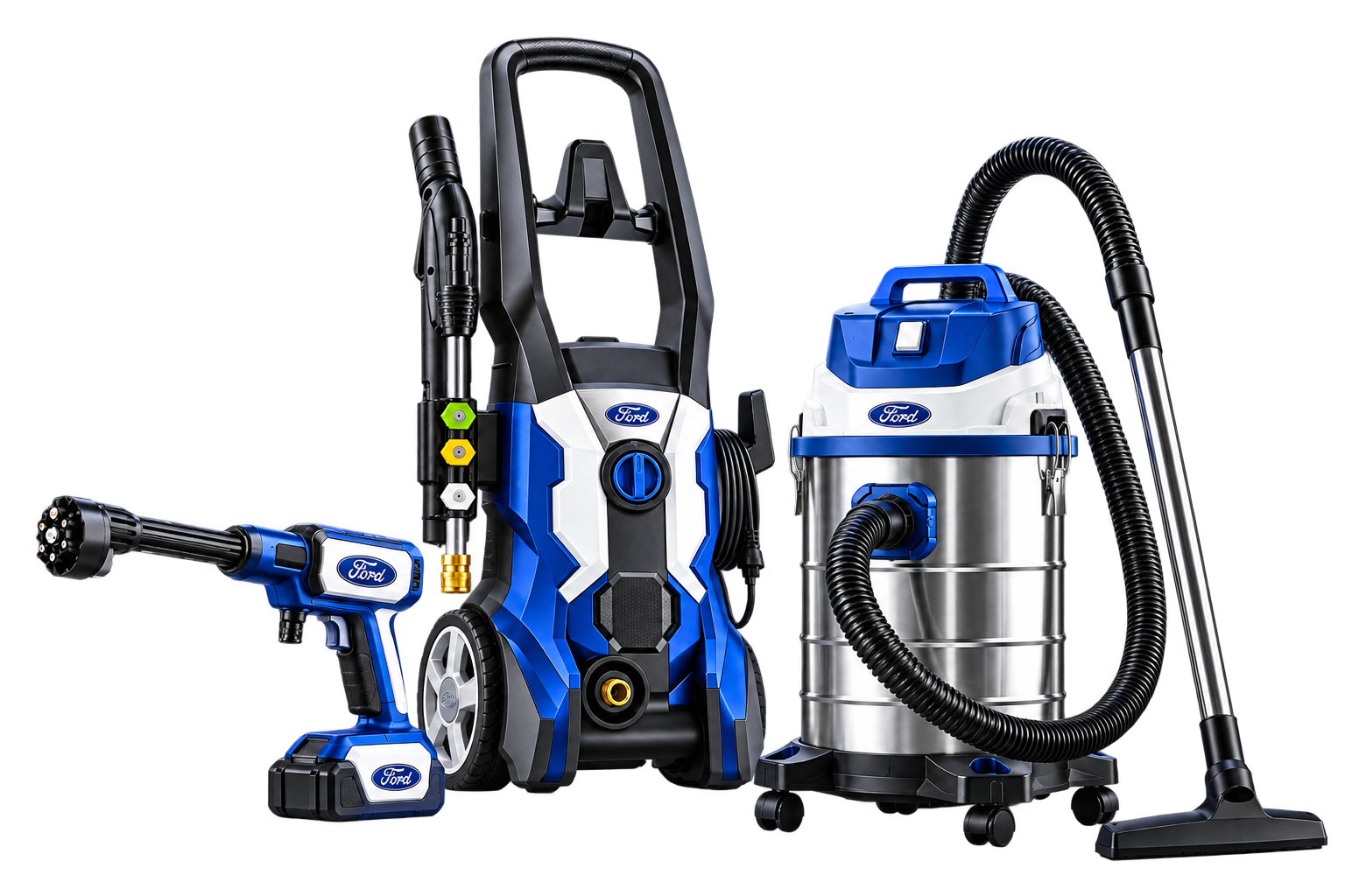 Ford blue and white cleaning equipment family — AI design concept